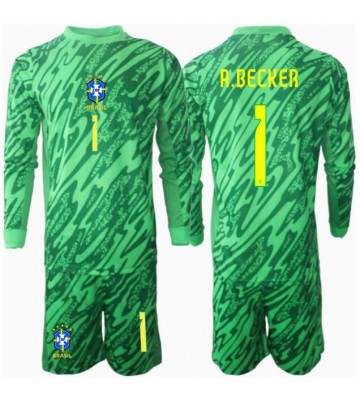 Brasilien Alisson Becker #1 Målvakt Hemmakläder Barn Copa America 2024 Långärmad (+ Korta byxor)